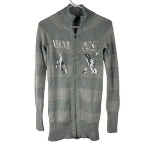 Armani Exchange S Grey Striped Zip Up Mock Neck Sweater Long Sleeve Sparkle Logo